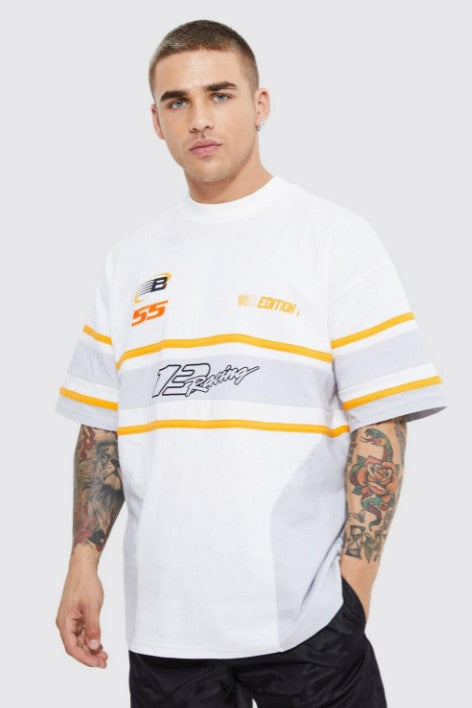 OVERSIZED MULTI BADGE PANELLED MOTO T-SHIRT