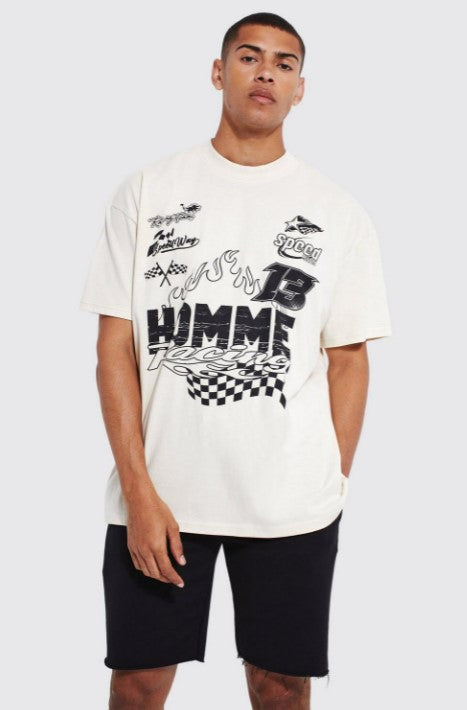 OVERSIZED EXTENDED NECK MOTO GRAPHIC T-SHIRT
