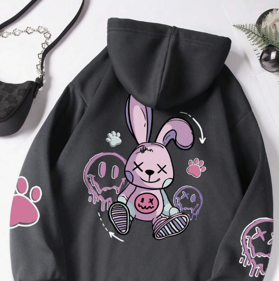 Plus Cartoon Graphic Kangaroo Pocket Drawstring Thermal Hoodie