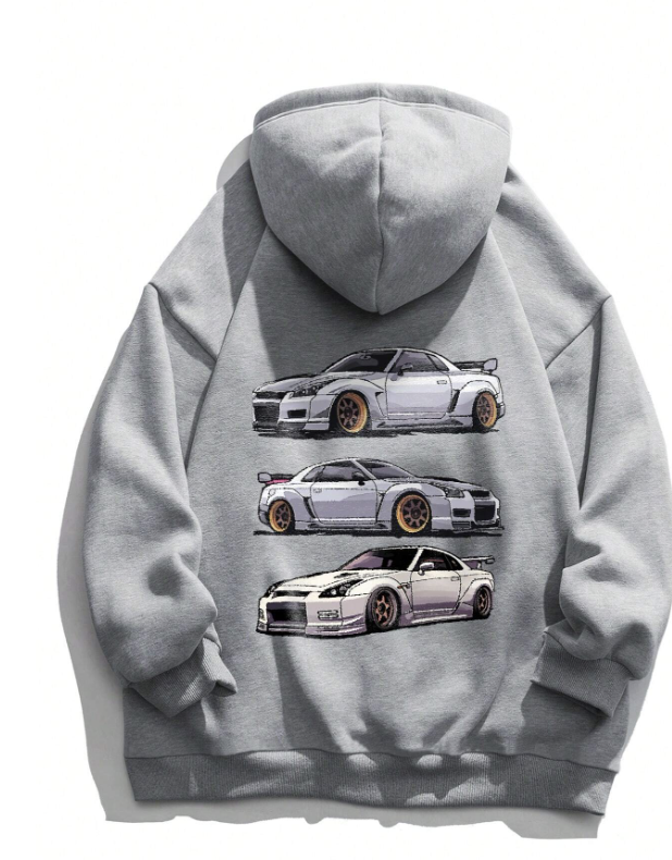 Men Car Print Kangaroo Pocket Drawstring Hoodie