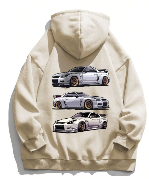 Men Car Print Kangaroo Pocket Drawstring Hoodie