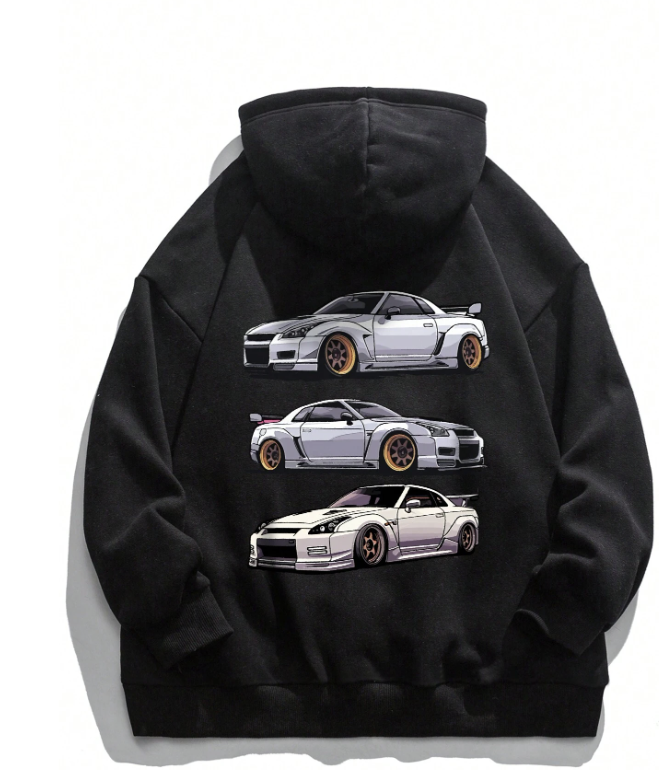 Men Car Print Kangaroo Pocket Drawstring Hoodie