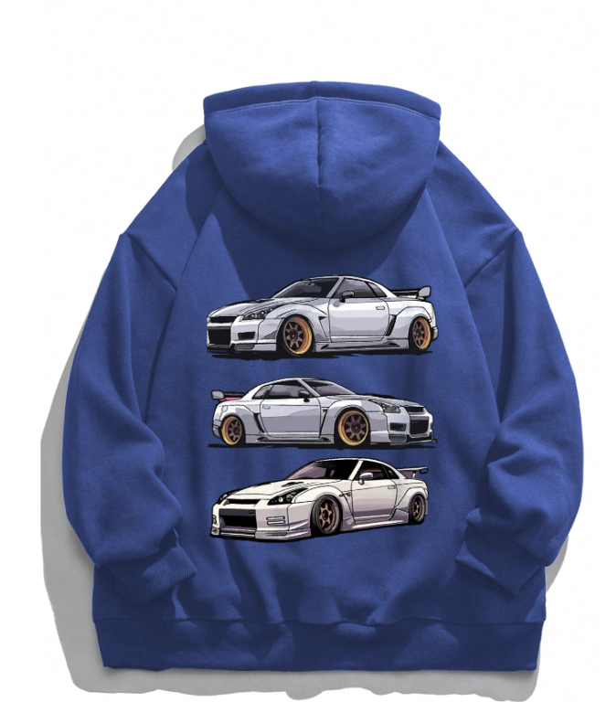 Men Car Print Kangaroo Pocket Drawstring Hoodie