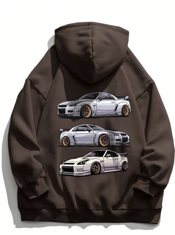 Men Car Print Kangaroo Pocket Drawstring Hoodie