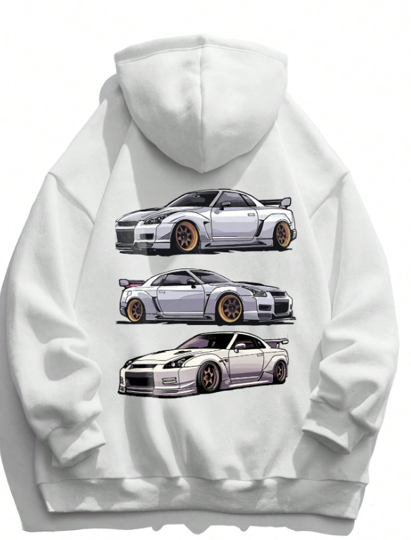Men Car Print Kangaroo Pocket Drawstring Hoodie