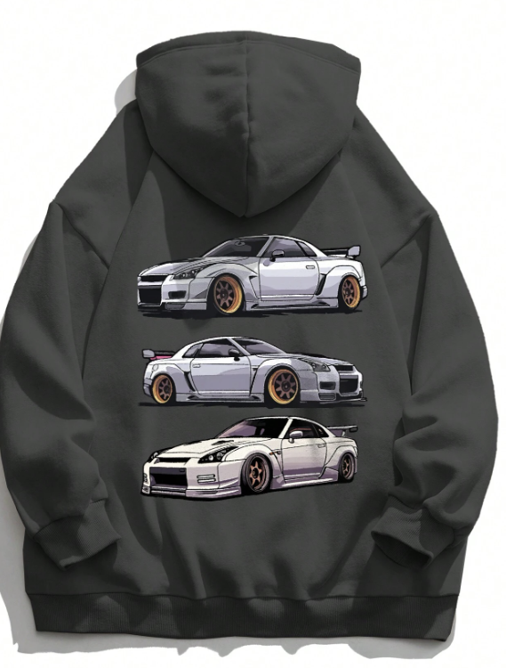 Men Car Print Kangaroo Pocket Drawstring Hoodie