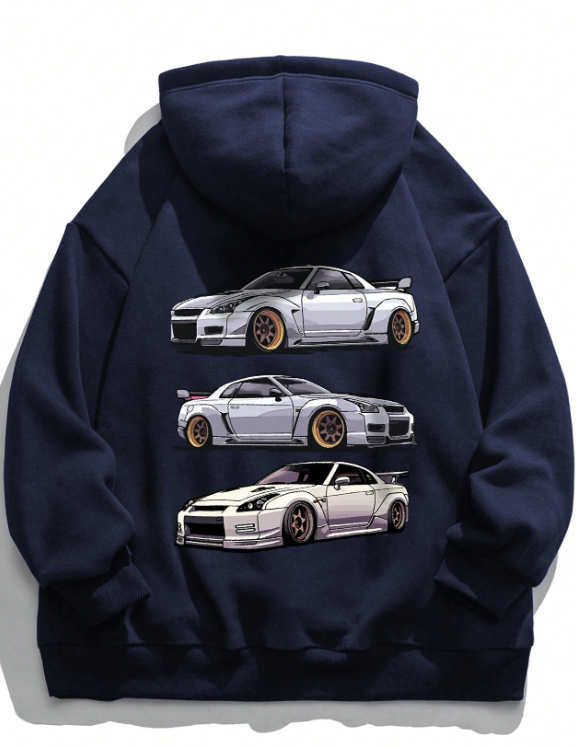 Men Car Print Kangaroo Pocket Drawstring Hoodie