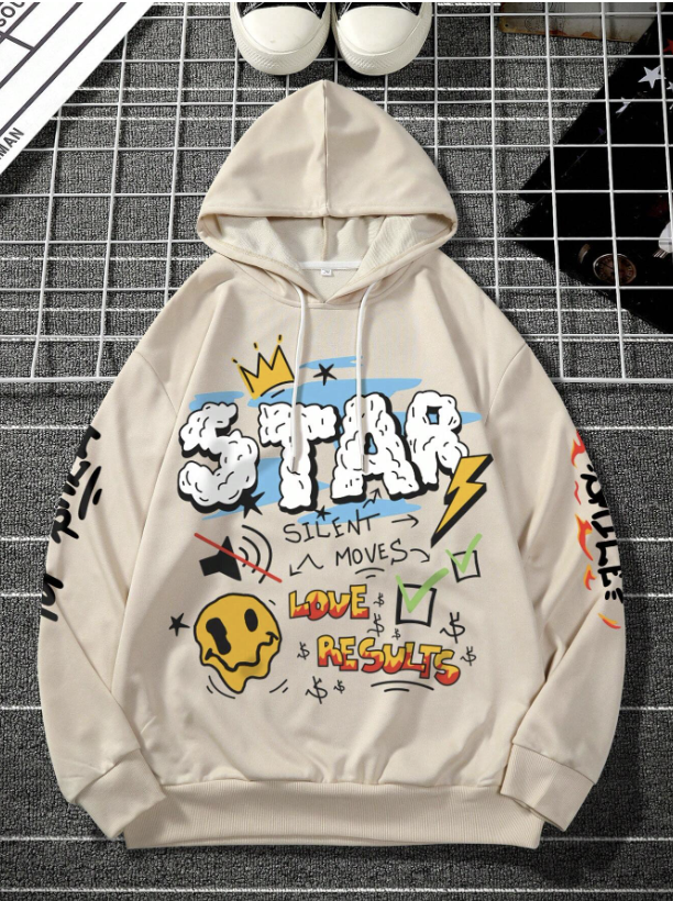 Manfinity EMRG Men's Cartoon Face & Slogan Printed Hoodie