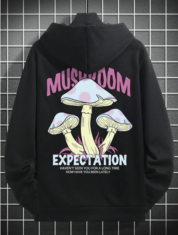 Manfinity Men Mushroom & Slogan Graphic Drop Shoulder Drawstring Hoodie
