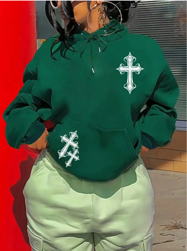 Cross Printed Kangaroo Pocket Lined Hoodie