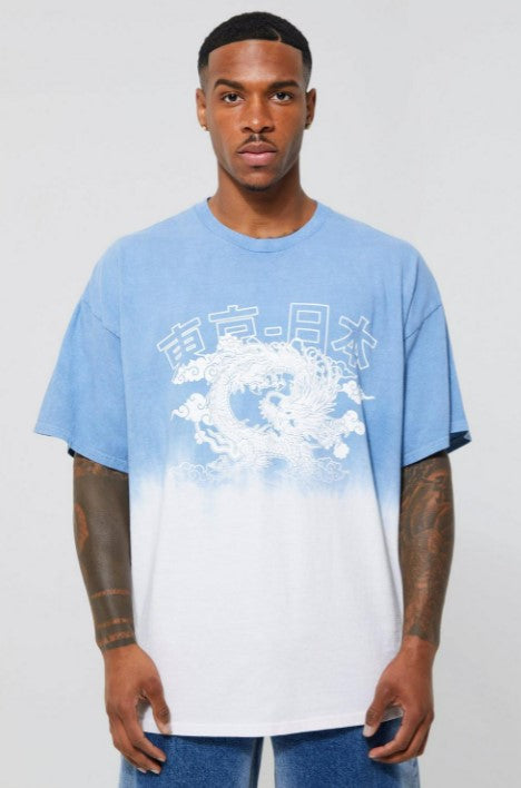 OVERSIZED OMBRE DYE DRAGON GRAPHIC T-SHIRT