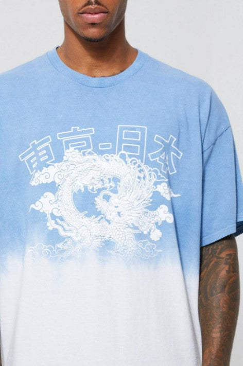 OVERSIZED OMBRE DYE DRAGON GRAPHIC T-SHIRT